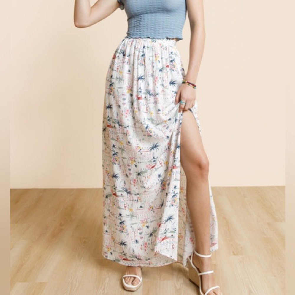 Francesca’s Blue Rain Bradie Post Card Printed Front Slit Maxi Skirt